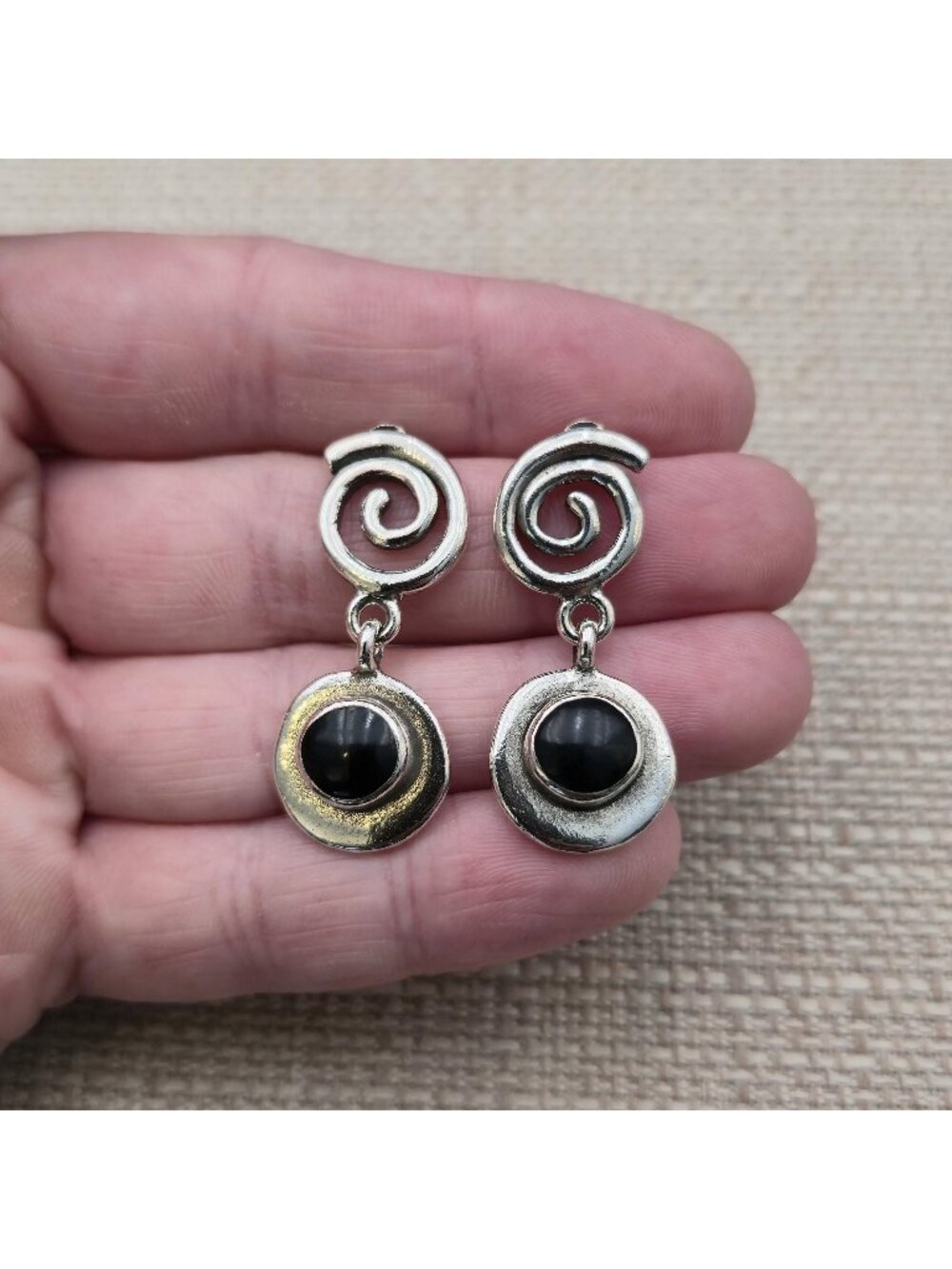 Vintage Sterling Silver Black Onyx Swirl Geometric Drop Dangle Earrings A8884